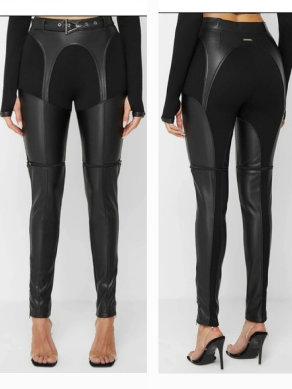 Maniere De Voir Black Faux Leather-Panel Skinny Pants